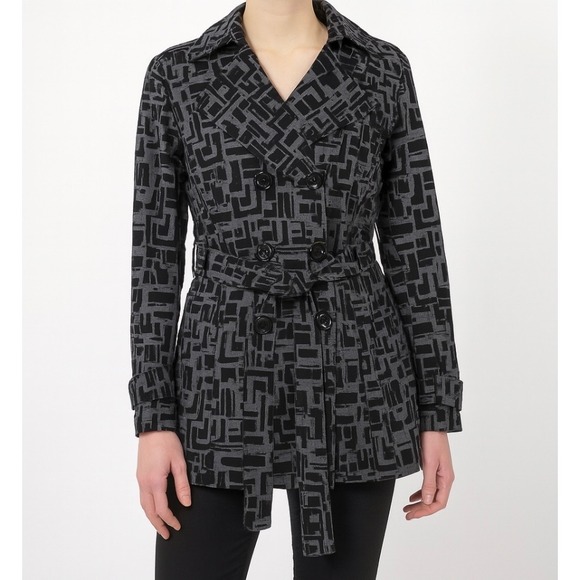 Sandro Sportswear Trench Coat Womens L Gray Black Belted Abstract Print Jacket - Picture 1 of 12